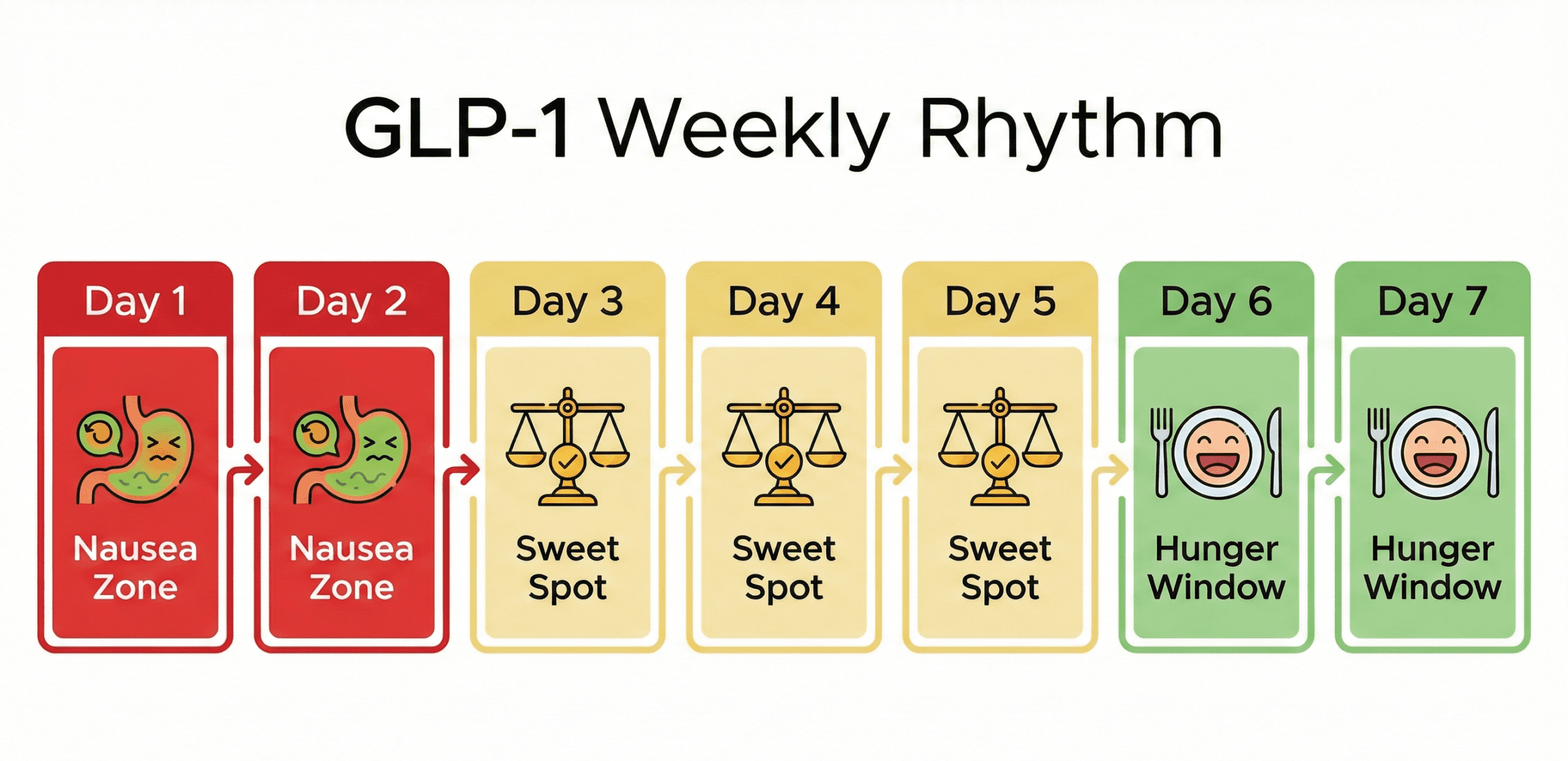 Infographic visualization of a 7-day weekly GLP-1 cycle showing nausea zones and hunger windows