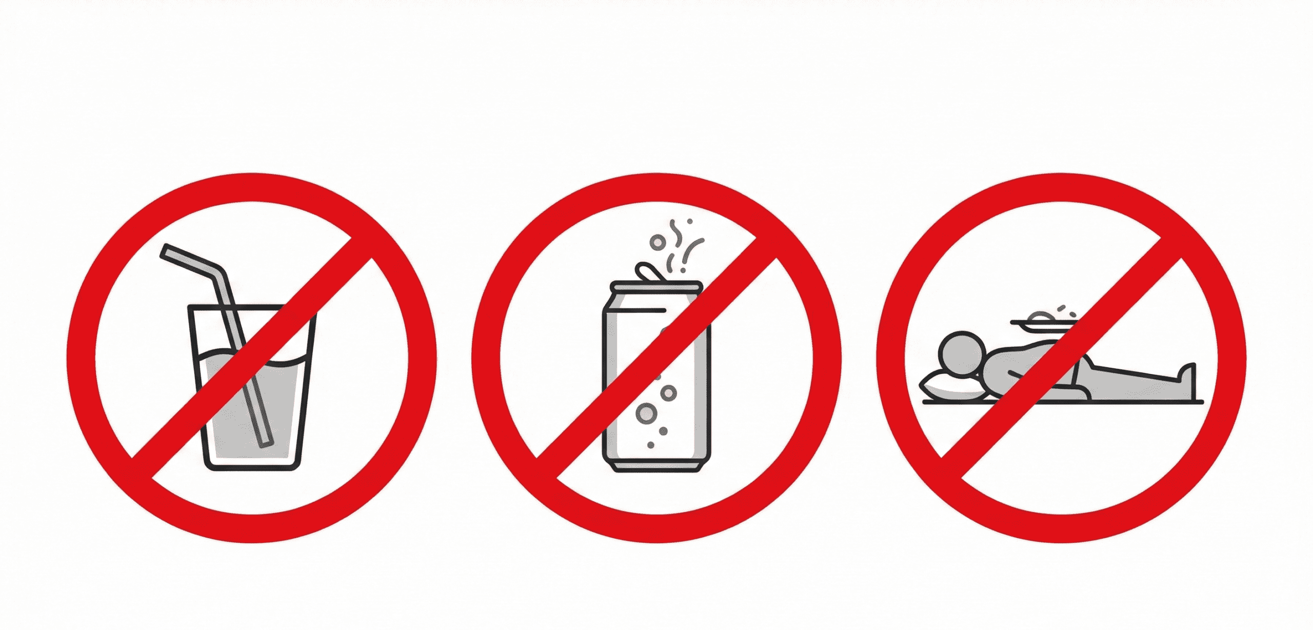 Graphic showing three major GLP-1 nausea triggers: straws, carbonation, and lying down, crossed out with a red line