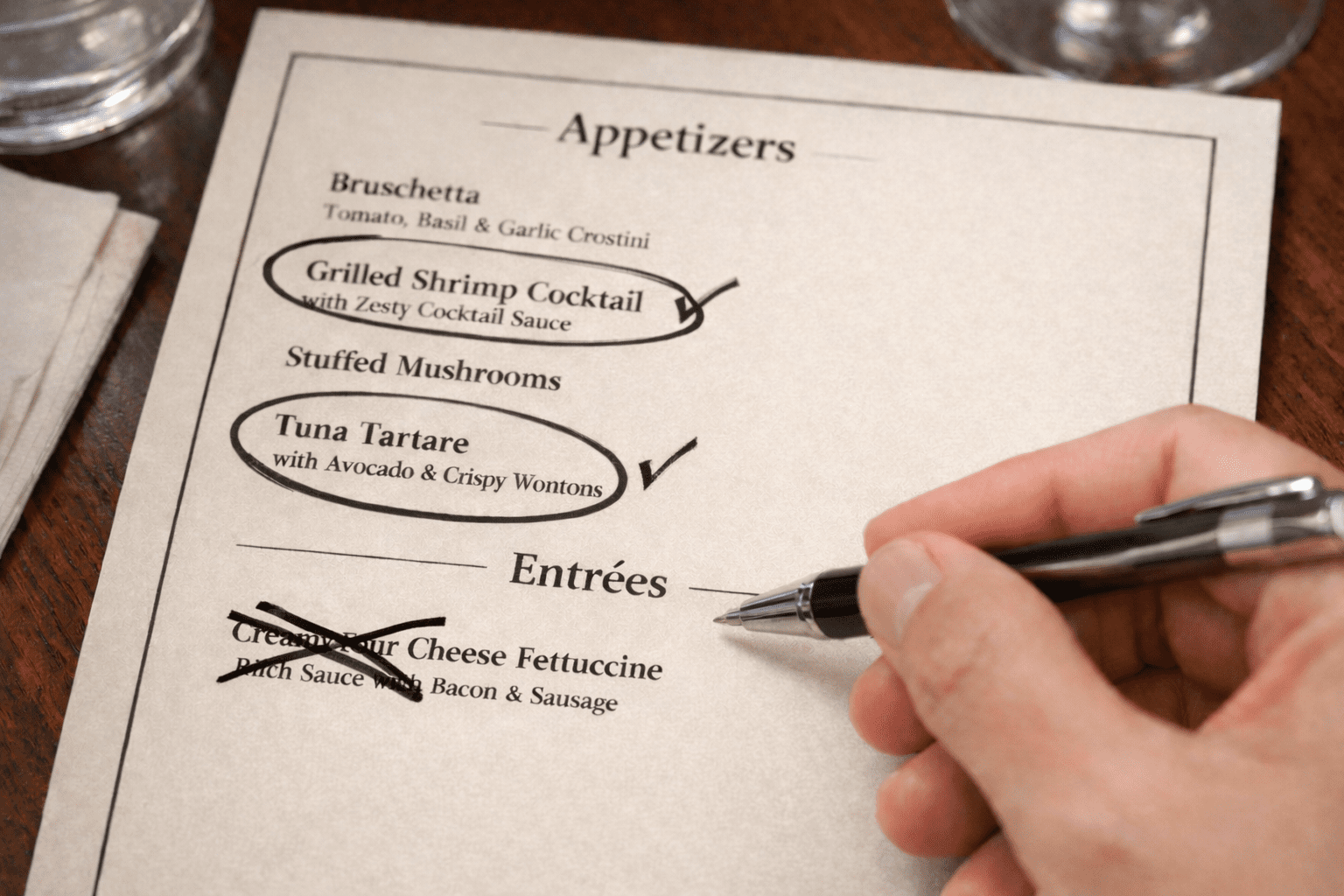 Restaurant menu showing the appetizer strategy for eating out on GLP-1 with safe options circled