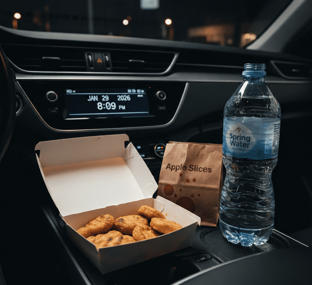 Safe fast food order on car console showing grilled nuggets and water for GLP-1 diet