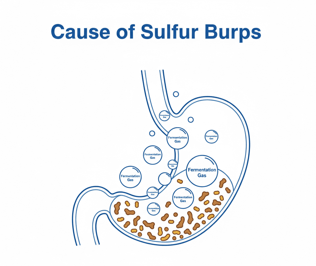 Medical diagram showing fermentation gas rising in the stomach causing sulfur burps on GLP-1